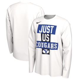 Men's - BYU Cougars Nike 2021 Postseason JUST US Bench Legend Long Sleeve White College Basketball T-Shirt