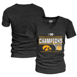 Women's Iowa Hawkeyes Blue 84 2022 Big Ten Conference Tournament Champions Locker Room V-Neck Heathered Black College Basketball T-Shirt
