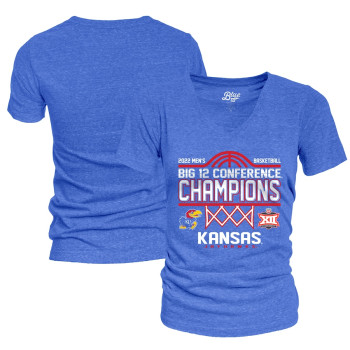 Women's Kansas Jayhawks Blue 84 2022 Big 12 Conference Tournament Champions Locker Room V-Neck Heathered Royal College Basketball T-Shirt