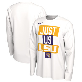 Men's - LSU Tigers Nike 2021 Postseason JUST US Bench Legend Long Sleeve White College Basketball T-Shirt Men's - LSU Tigers Nike 2021 Postseason JUST US Bench Legend Long Sleeve White College Basketball T-Shirt