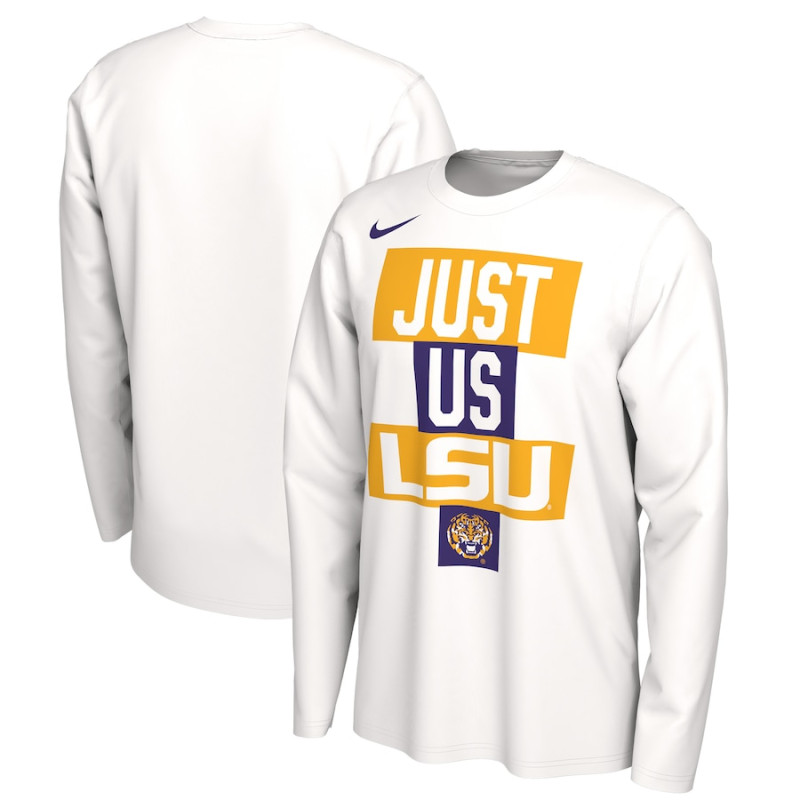 Men's - LSU Tigers Nike 2021 Postseason JUST US Bench Legend Long Sleeve White College Basketball T-Shirt Men's - LSU Tigers Nike 2021 Postseason JUST US Bench Legend Long Sleeve White College Basketball T-Shirt