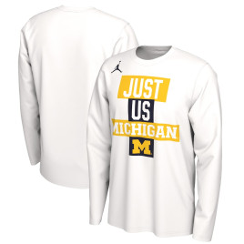 Men's - Michigan Wolverines Jordan Brand 2021 Postseason JUST US Bench Legend Long Sleeve White College Basketball T-Shirt