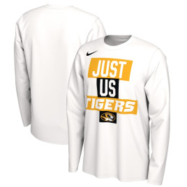 Men's - Missouri Tigers Nike 2021 Postseason JUST US Bench Legend Long Sleeve White College Basketball T-Shirt Men's - Missouri Tigers Nike 2021 Postseason JUST US Bench Legend Long Sleeve White College Basketball T-Shirt