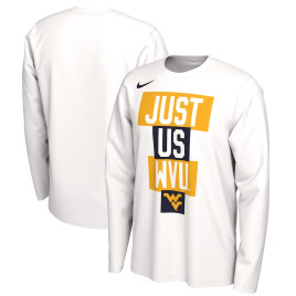 Men's - West Virginia Mountaineers Nike 2021 Postseason JUST US Bench Legend Long Sleeve White College Basketball T-Shirt